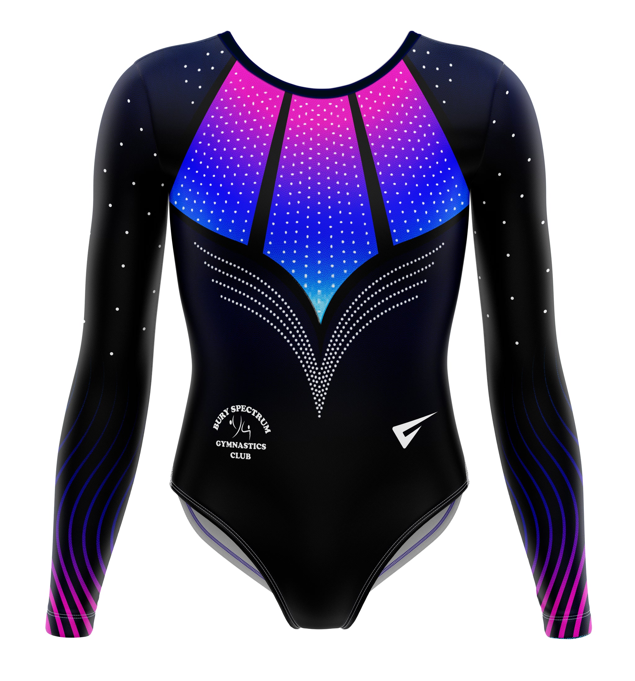 Black gymnastics leotard with colorful design on a white background