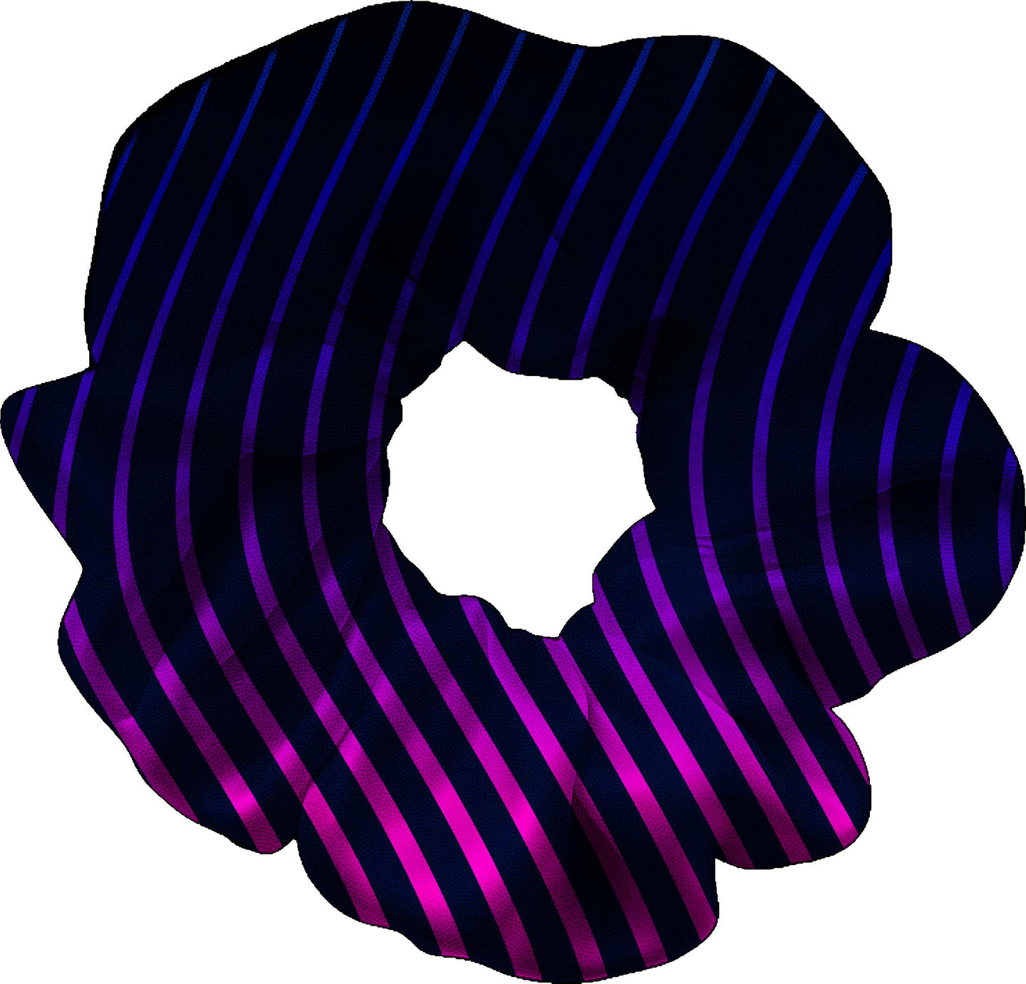 Black and purple striped scrunchie on a white background
