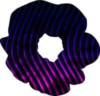 Black and purple striped scrunchie on a white background