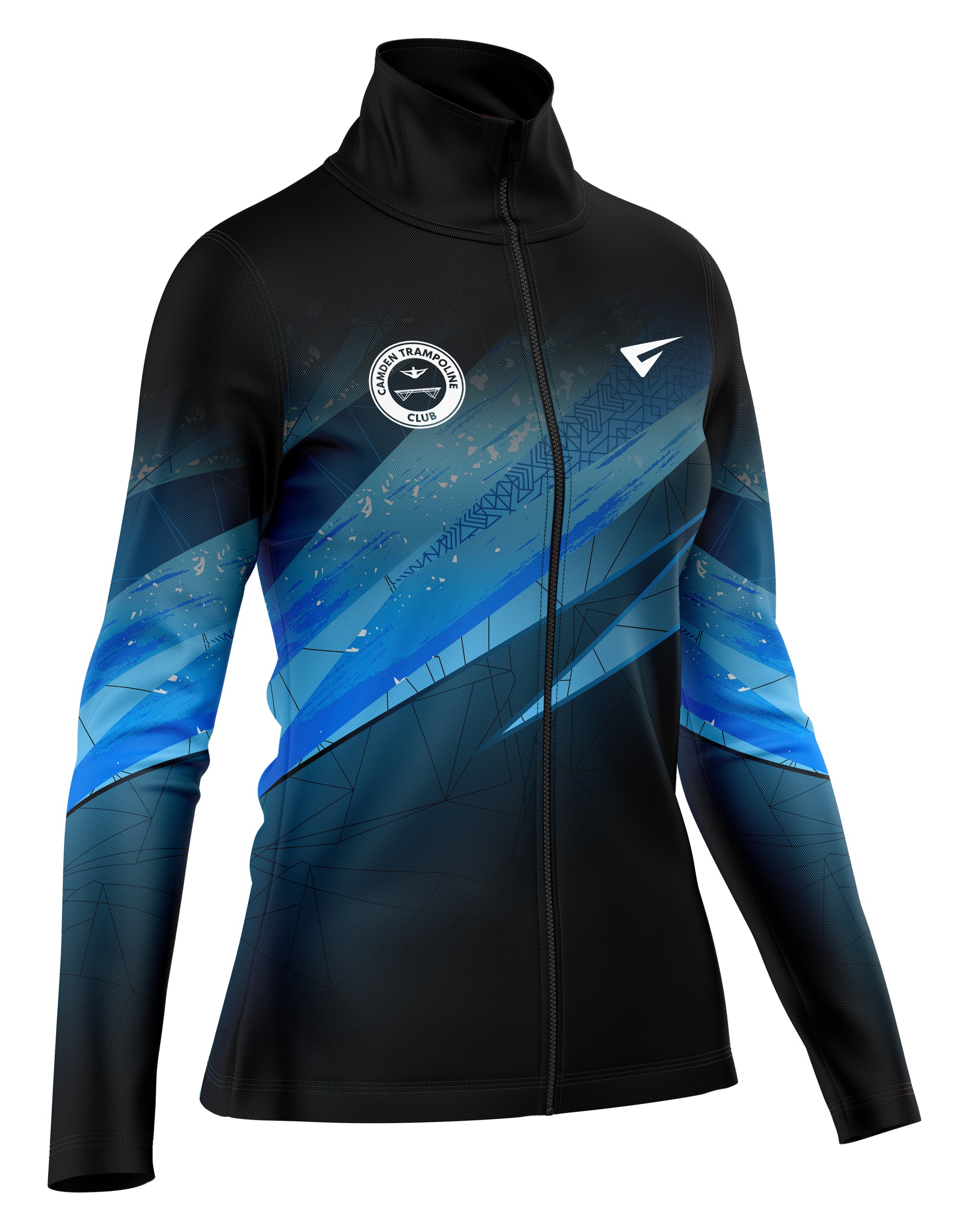 Black and blue jacket with brand logos on a white background