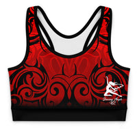 Red and black patterned sports crop top with a logo on a white background