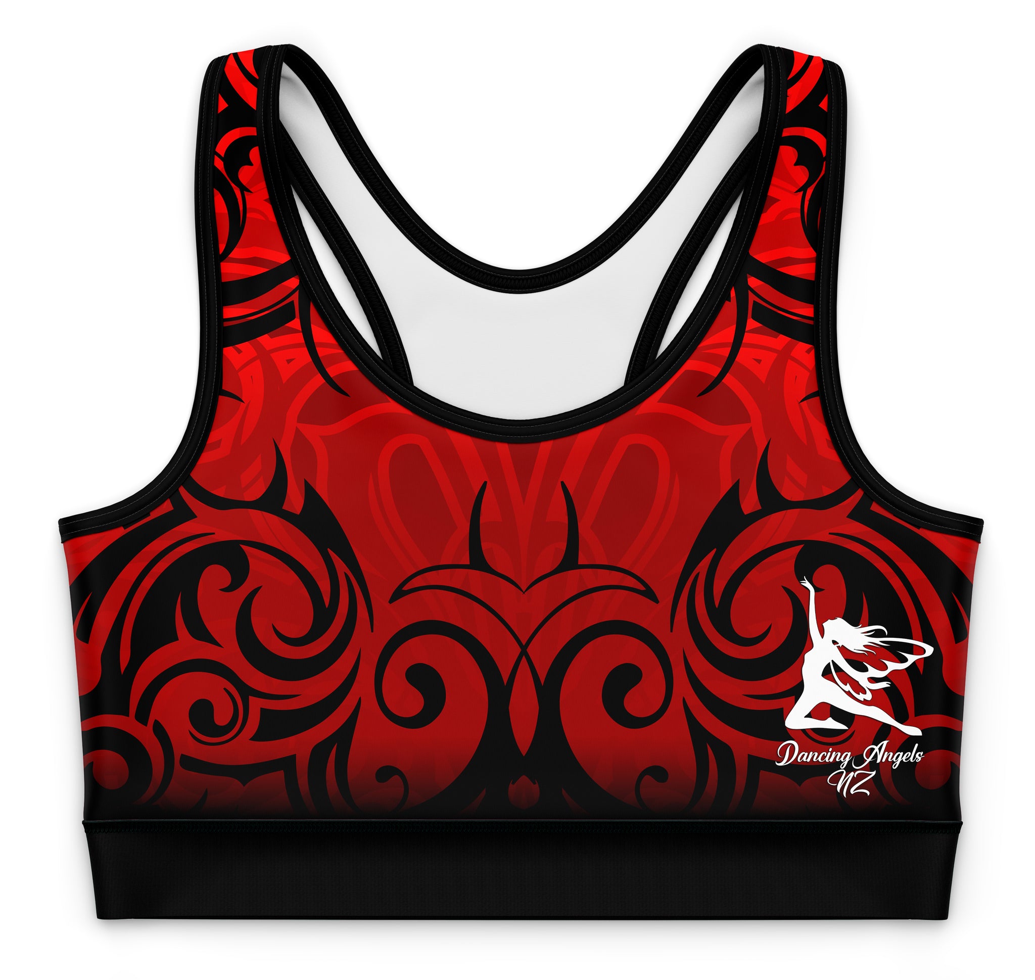 Red and black patterned sports crop top with a logo on a white background