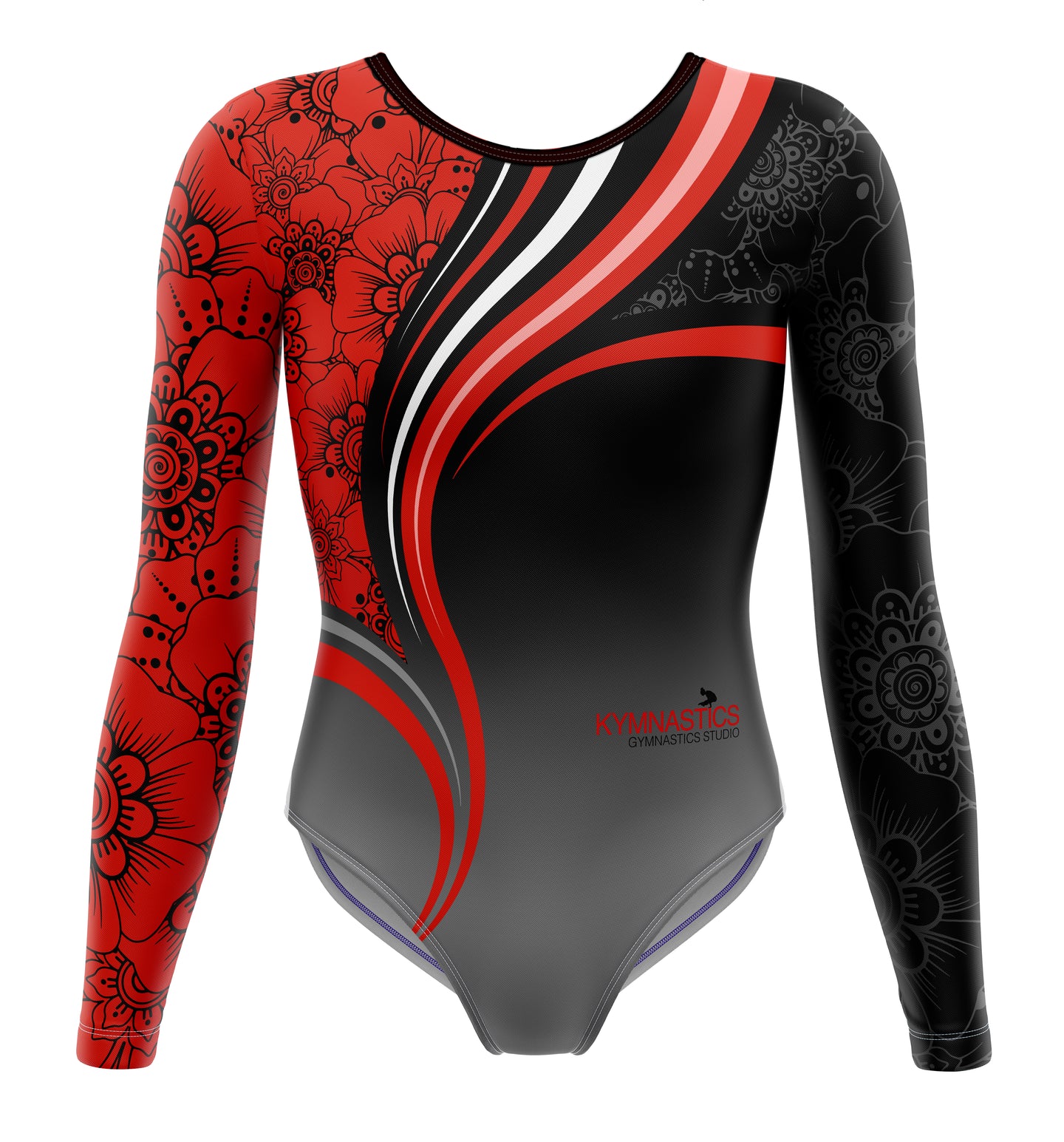 Gymnastics leotard with red, black, and gray design on a white background