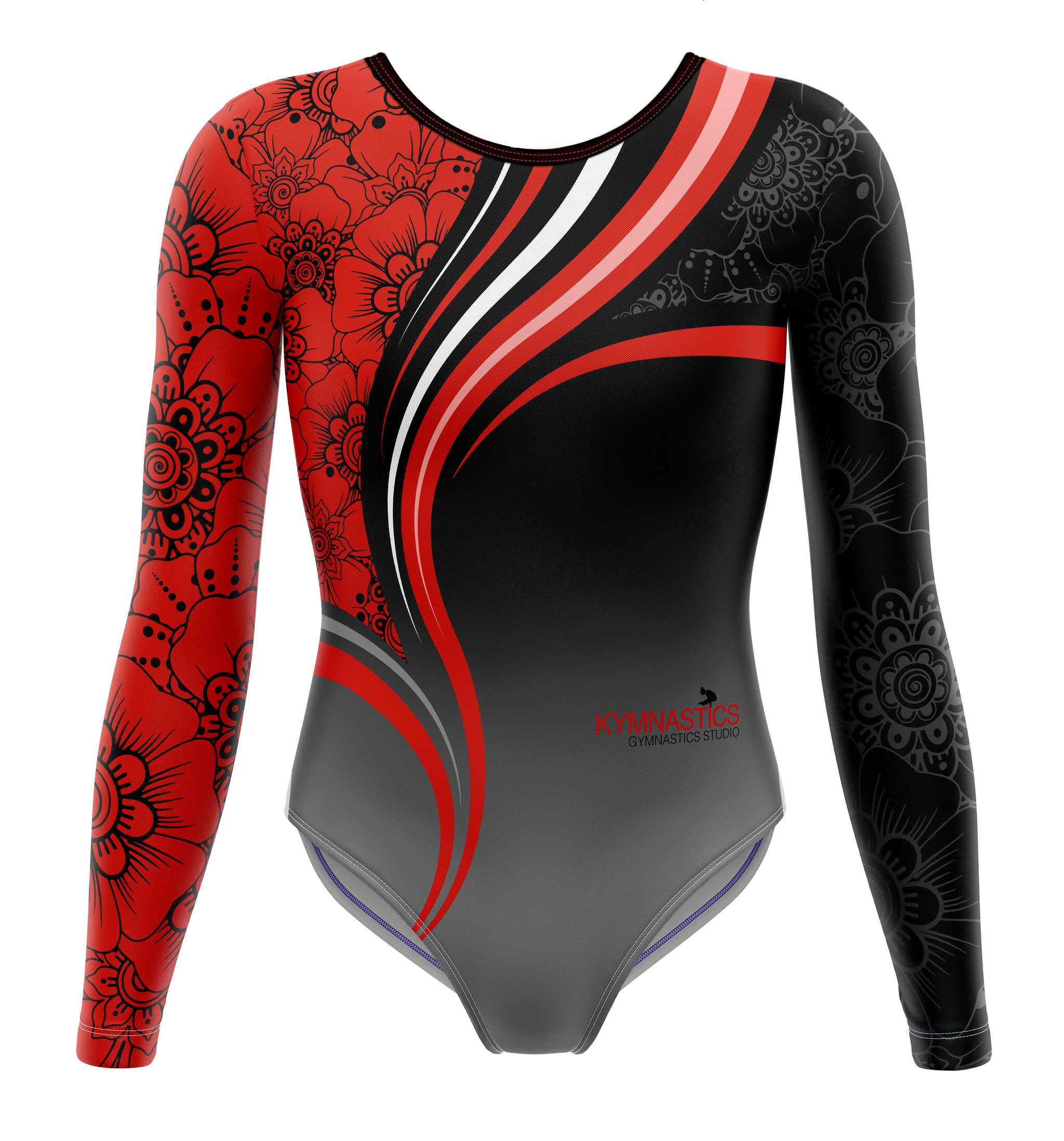 Gymnastics leotard with red, black, and gray design on a white background