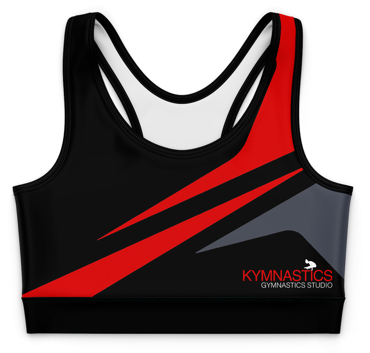 Black and red sports bra with 'Kymnastics Gymnastics Studio' logo on a white background