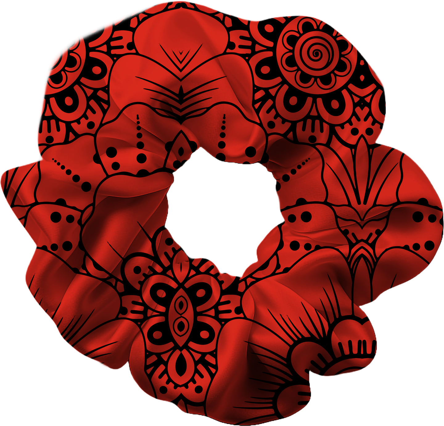 Red scrunchie with black intricate patterns on a white background
