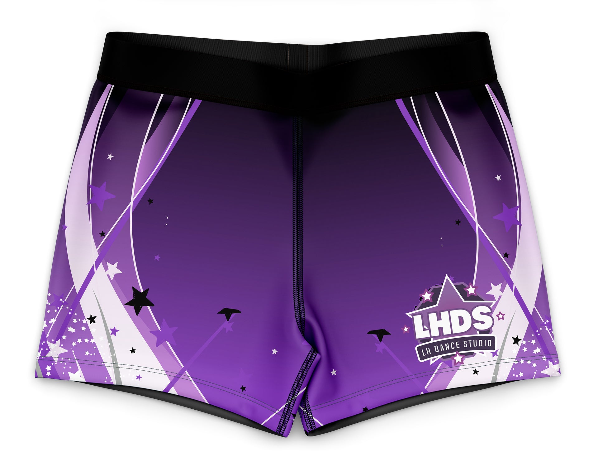 Purple athletic shorts with a black waistband and a graphic print featuring white curved lines, stars, and the 'LHDS in Dance Studio' logo on the lower right leg.