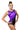 Woman wearing a black and purple leotard with a white background