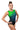 Woman wearing a green and black gymnastics leotard with a brand logo on a white background
