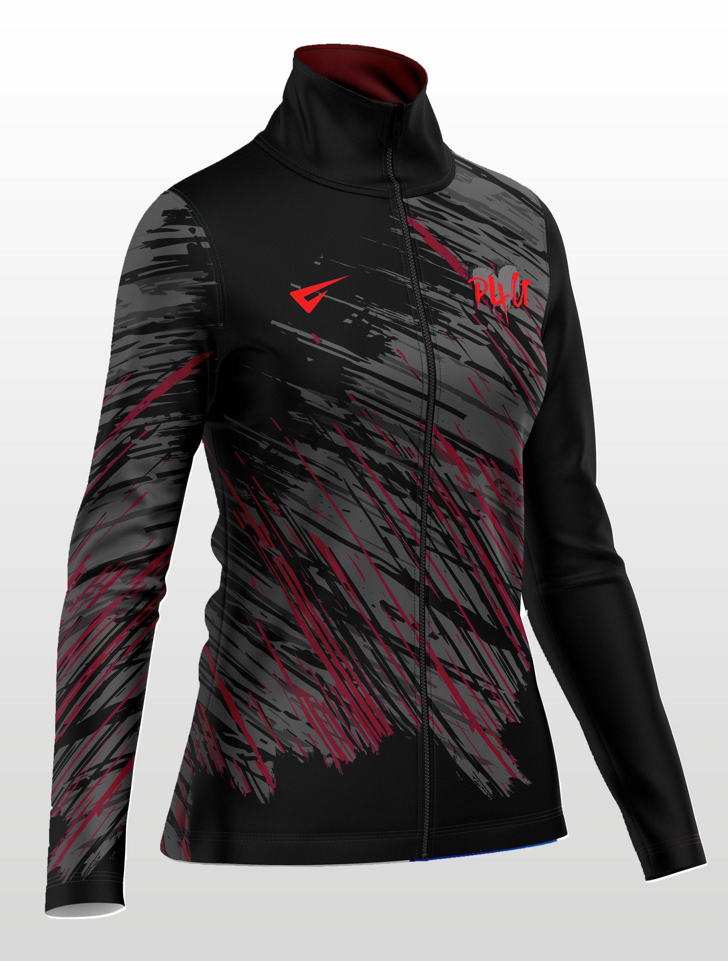 Black and red jacket with a brand logo on a light gray background