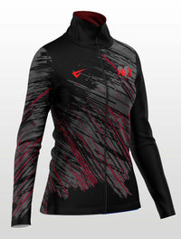 Black and red jacket with a brand logo on a light gray background