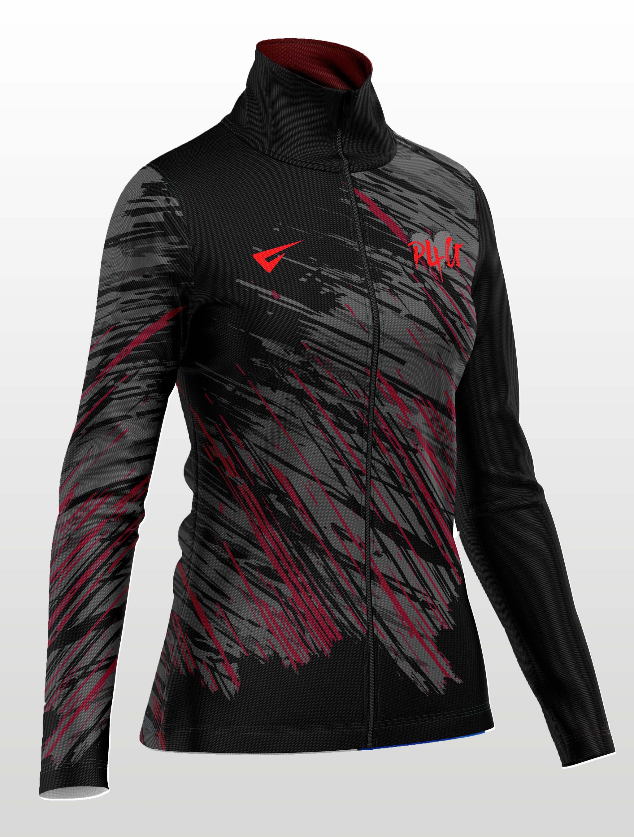 Black and red jacket with a brand logo on a light gray background