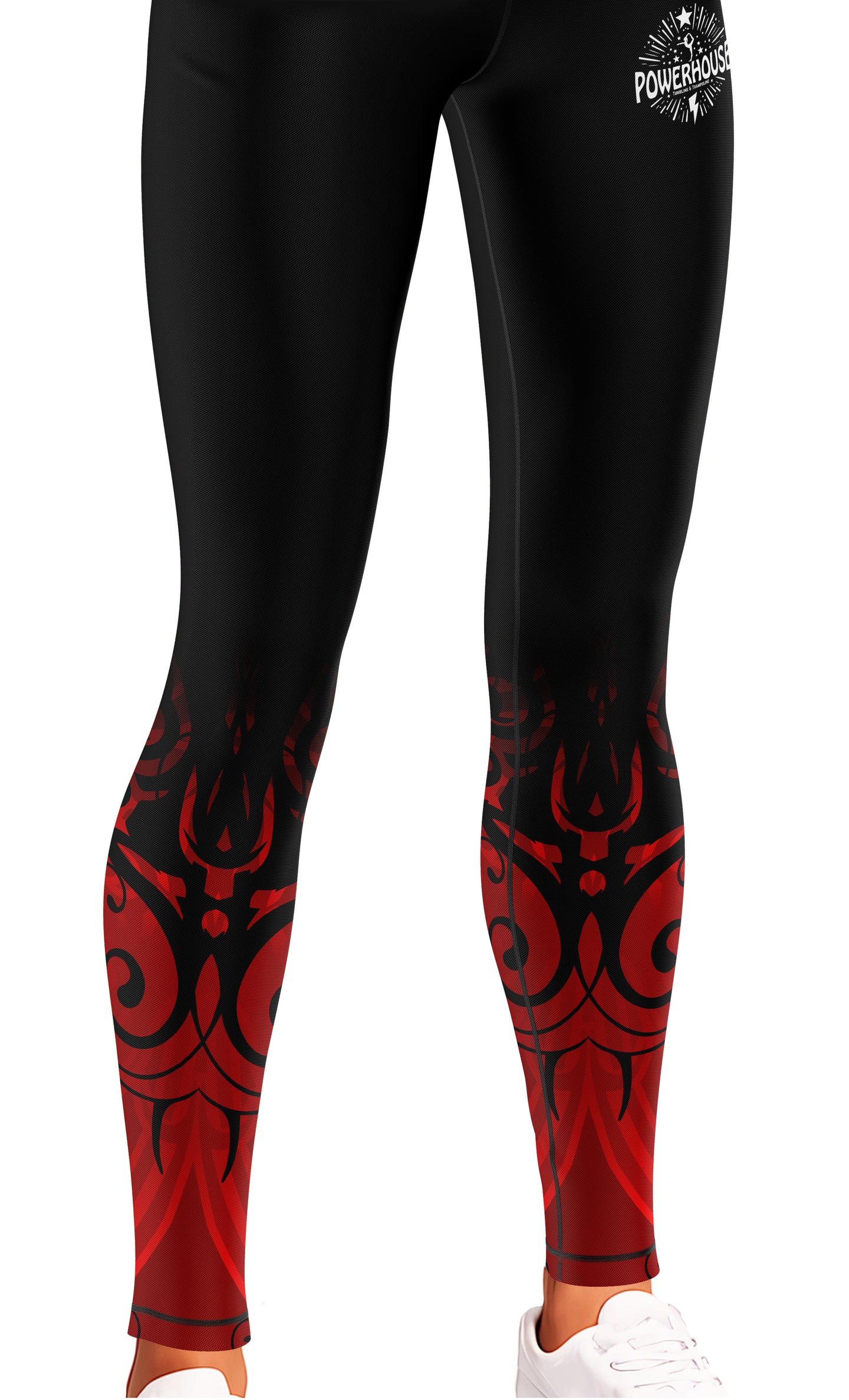 Black leggings with red tribal patterns on a white background
