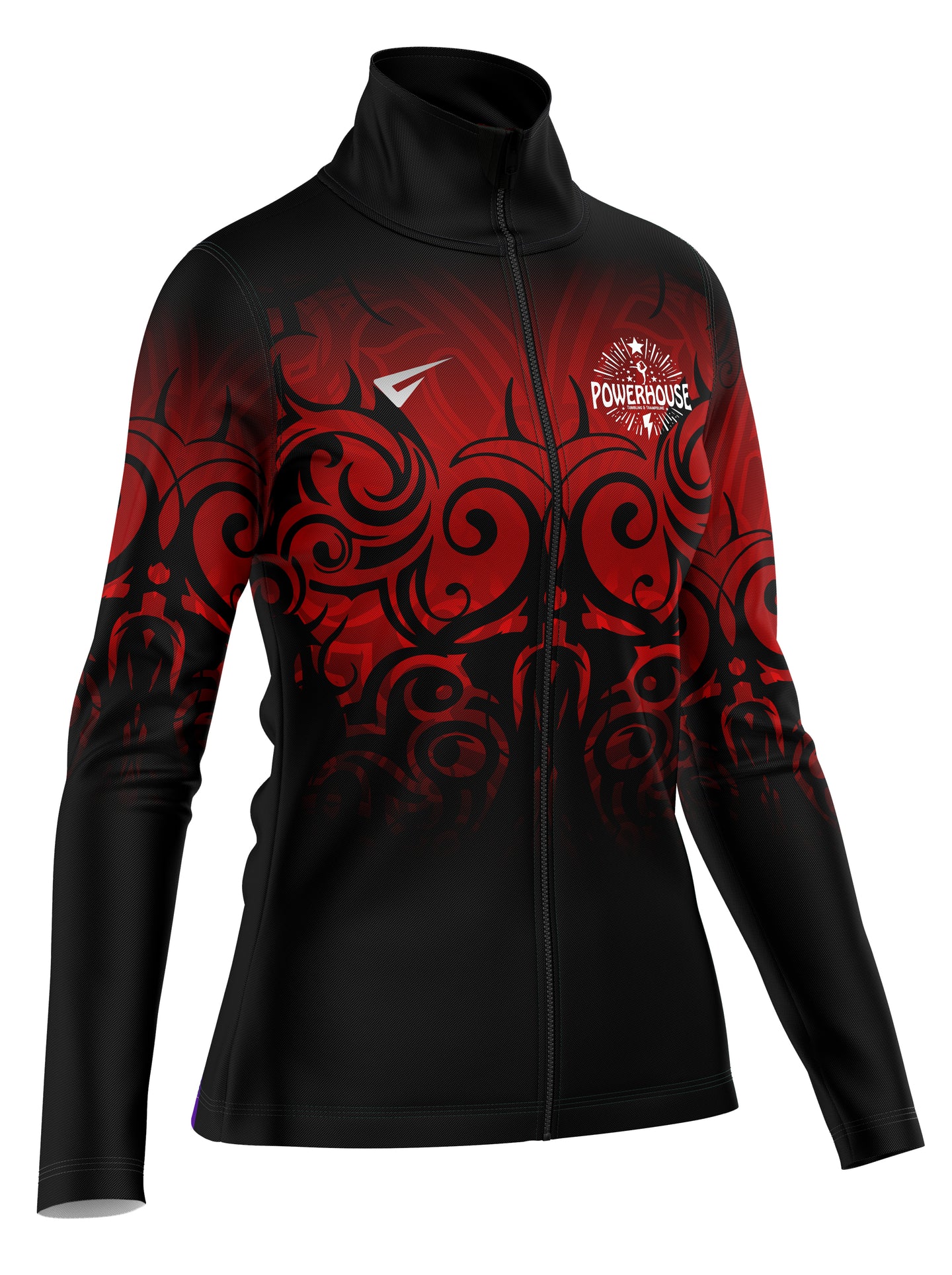 Black and red jacket with tribal patterns and a visible brand logo on a white background