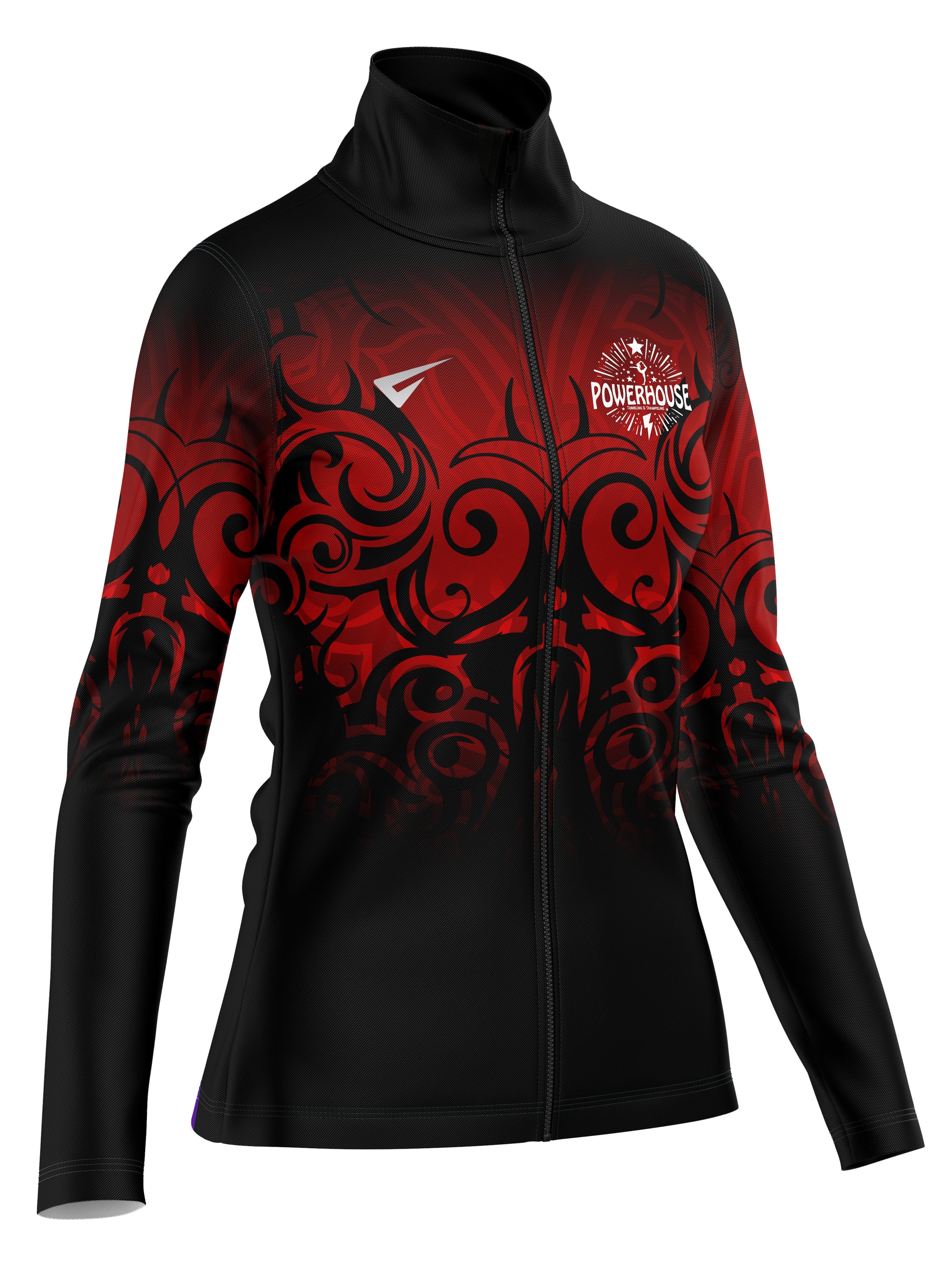 Black and red jacket with tribal patterns and a visible brand logo on a white background