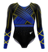 Aspire Elite Yellow And Blue Competition Long Sleeve Girls Gymnastics Leotard