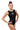 A woman modeling a black sleeveless gymnastics leotard with a white printed logo on the chest and hip, set against a plain white background.