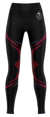 Black leggings with red and gray diagonal stripes on a white background
