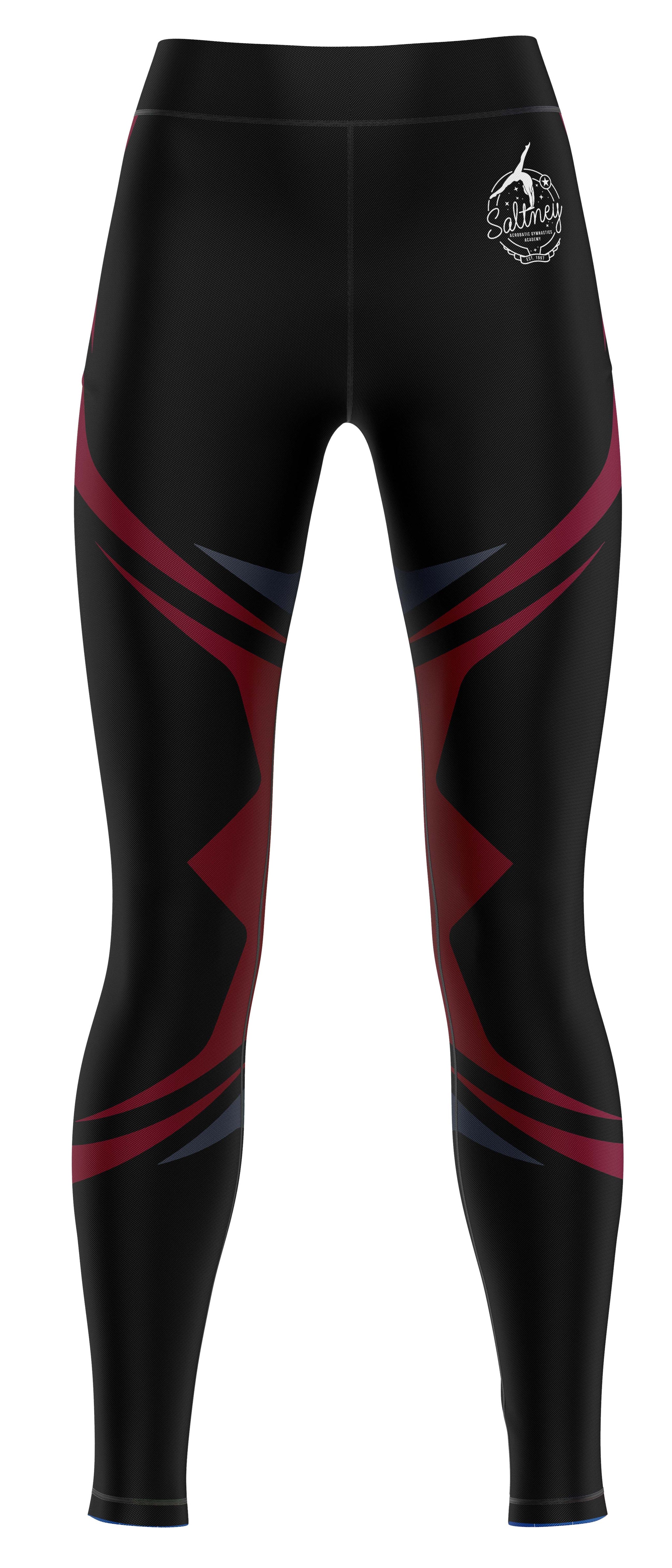 Black leggings with red and gray diagonal stripes on a white background