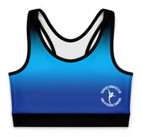 Blue and black sports bra with a logo on a white background