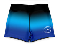 Blue and black gradient shorts with a logo on a white background