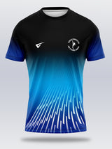 Black and blue sports jersey with a logo on a light gray background