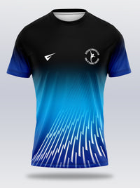 Black and blue sports jersey with a logo on a light gray background