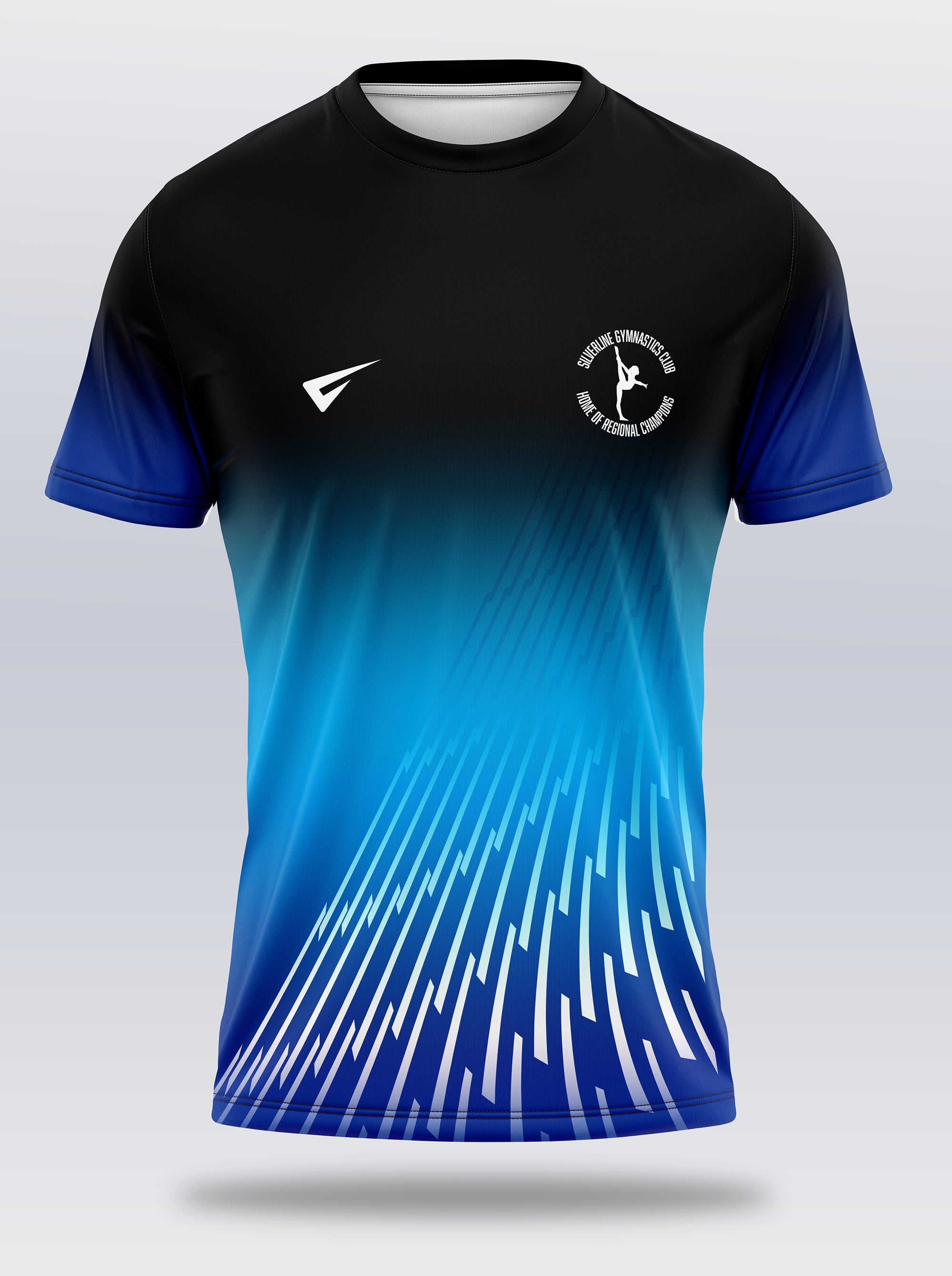 Black and blue sports jersey with a logo on a light gray background