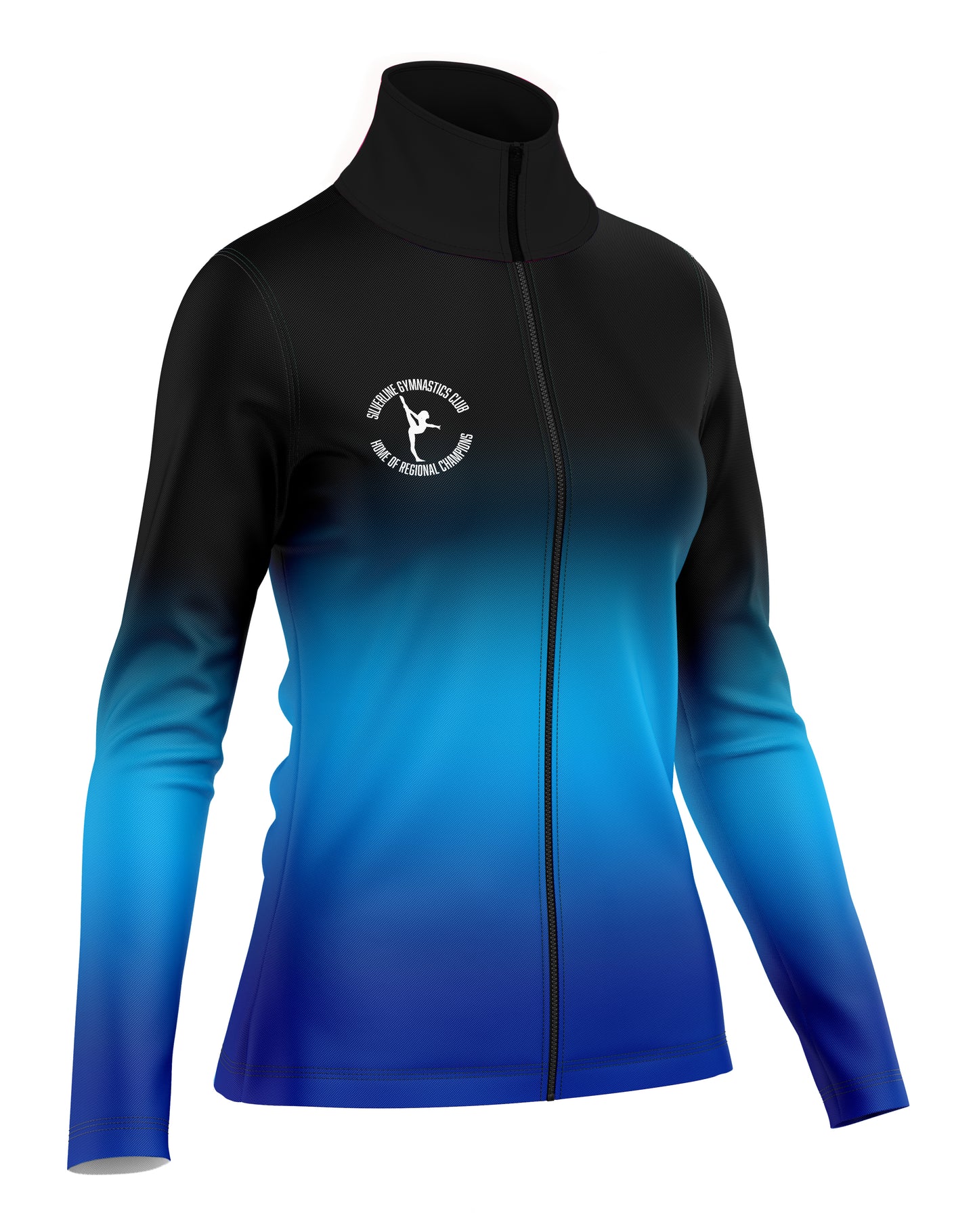 Black and blue gradient jacket with a logo on a white background