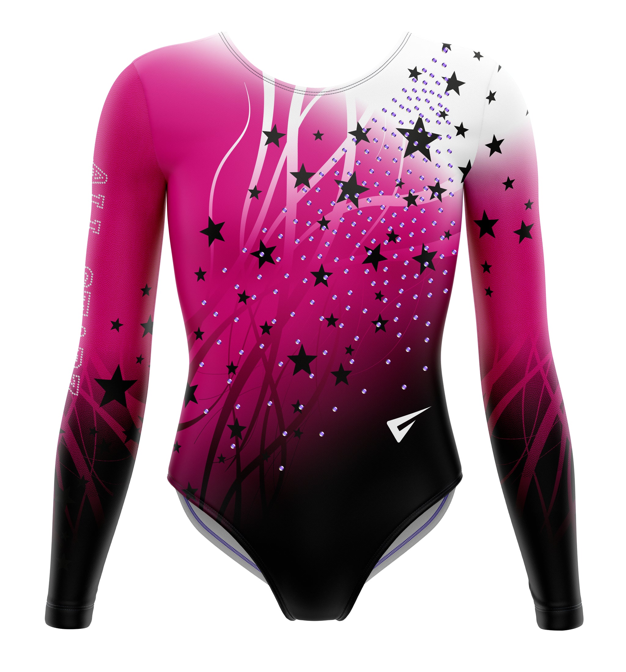 Pink and black leotard with star patterns on a white background