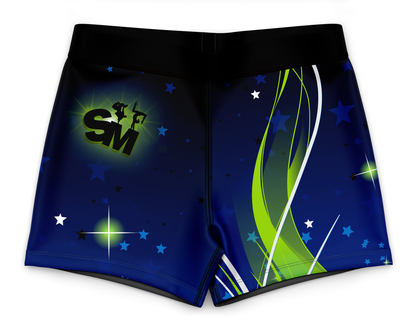 Blue athletic shorts with green design and logo on a white background