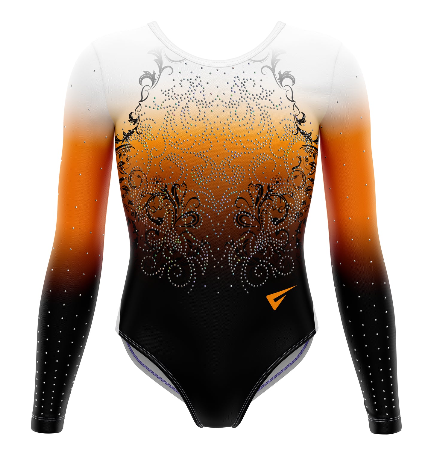 Gymnastics leotard with gradient design and decorative elements on a white background