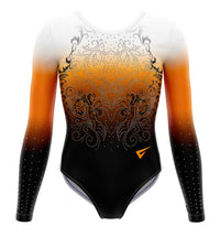 Gymnastics leotard with gradient design and decorative elements on a white background