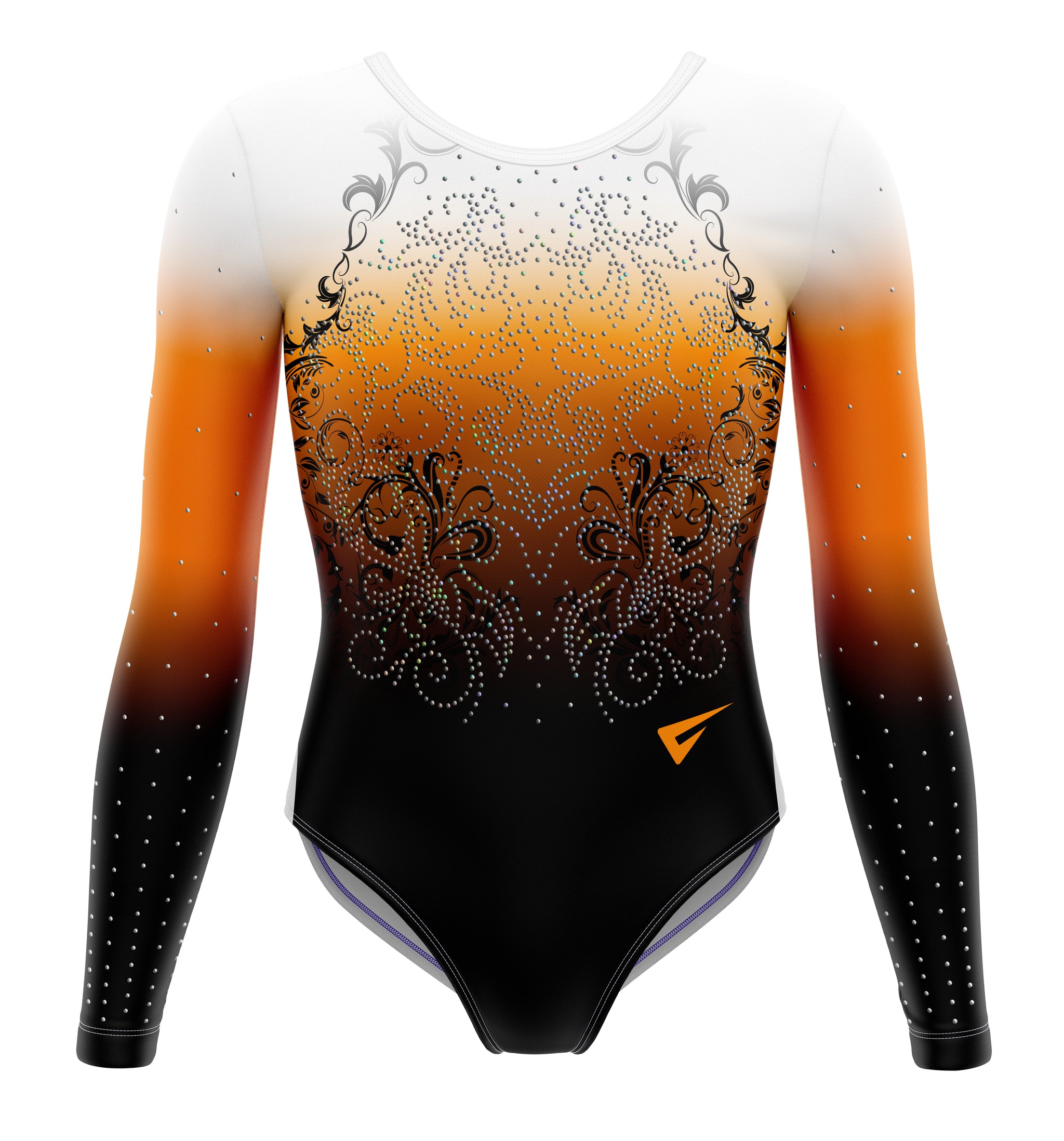 Gymnastics leotard with gradient design and decorative elements on a white background