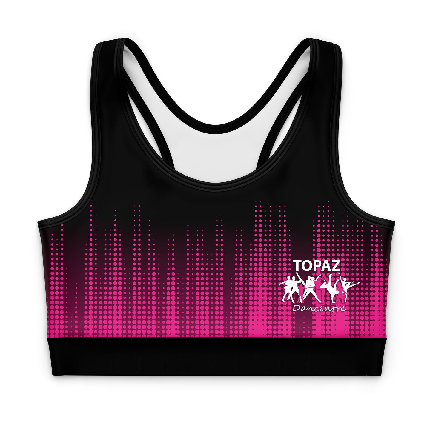 Black racerback sports bra with a vibrant pink and magenta vertical dot pattern on the front, featuring a white 'TOPAZ Dancecentre' logo on the right side.