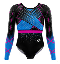 Aspire Blue n Pink Competition Long Sleeve Girls Gymnastics Leotard