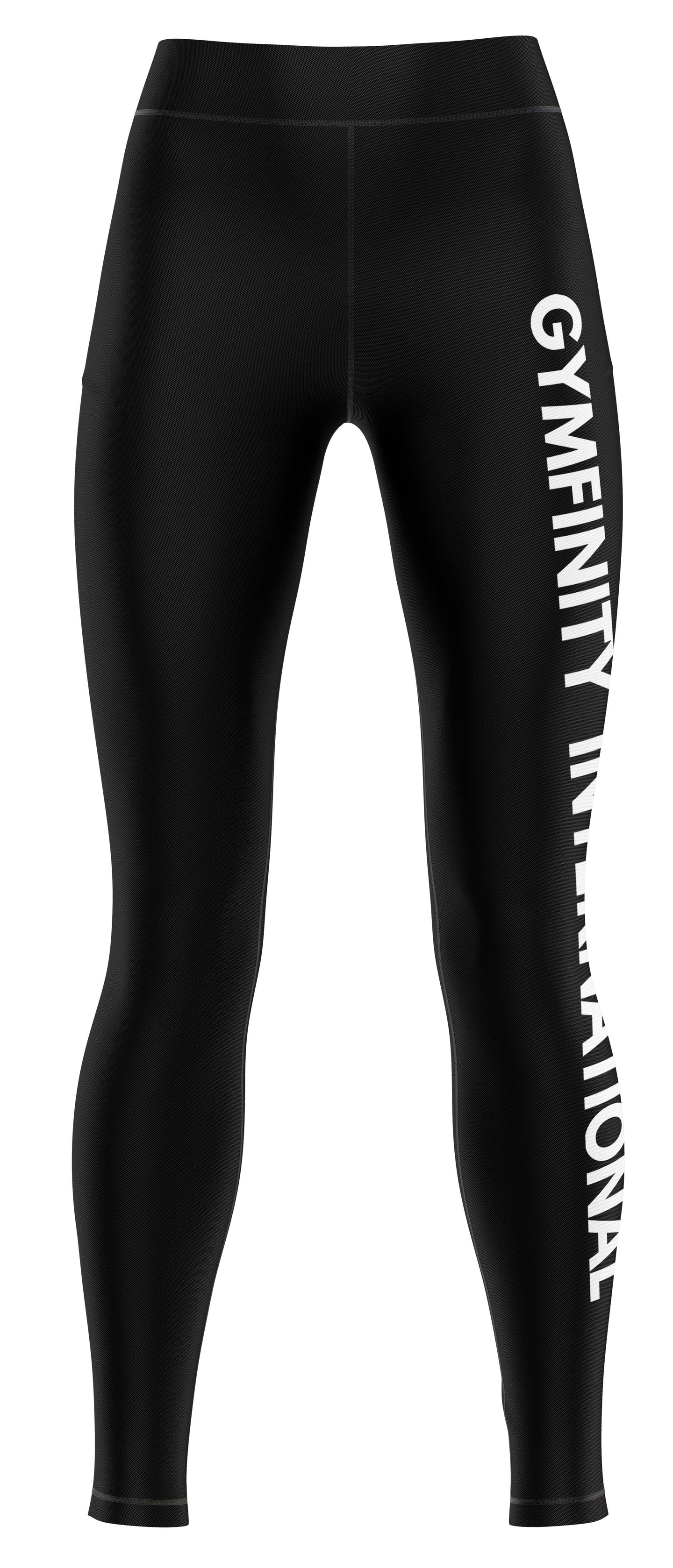Black leggings with 'GYMINITY INTERNATIONAL' text on a white background