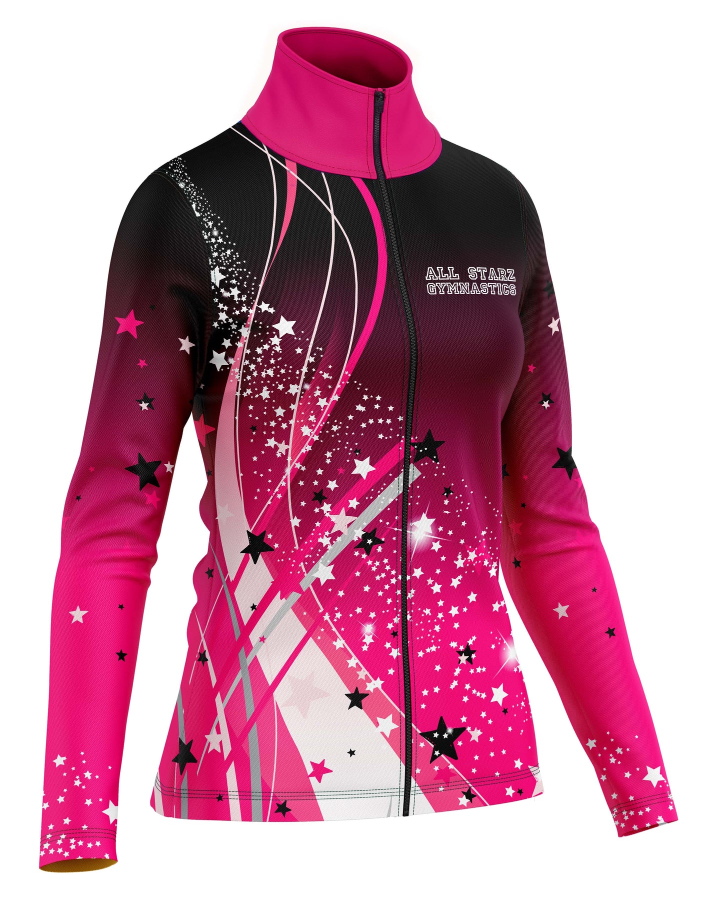 Pink and black jacket with star patterns and 'All Star Gymnastics' text on a white background
