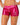 A close-up of a model wearing shiny fuchsia pink athletic shorts with a white printed logo that reads 'Apple Bridge Gymnastics' on the left leg, set against a plain light gray background.