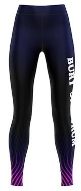 Black leggings with gradient purple and pink design and 'Burlington' branding on a white background