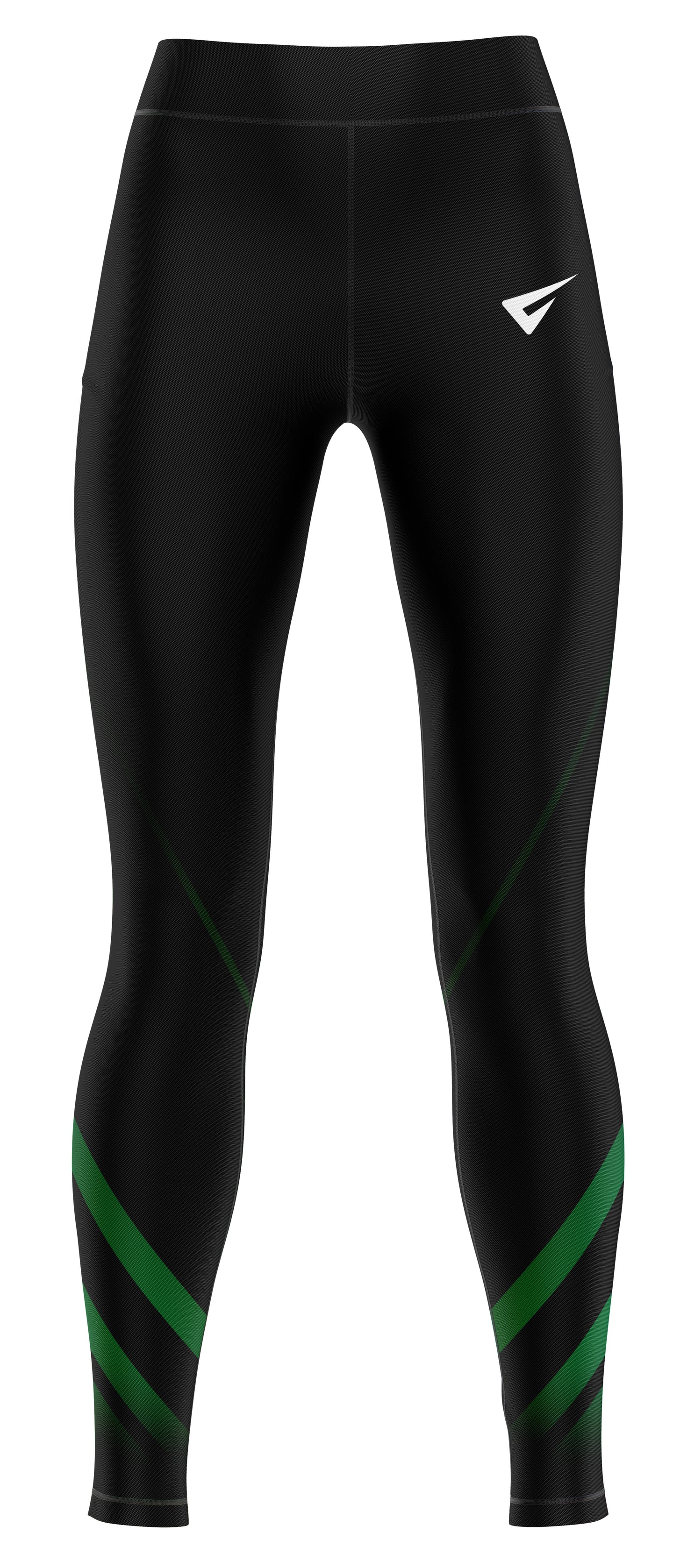 Black leggings with green stripes and a logo on a white background