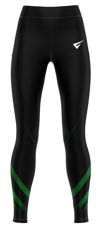 Black leggings with green stripes and a logo on a white background