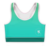 Green sports bra with white logo on a white background
