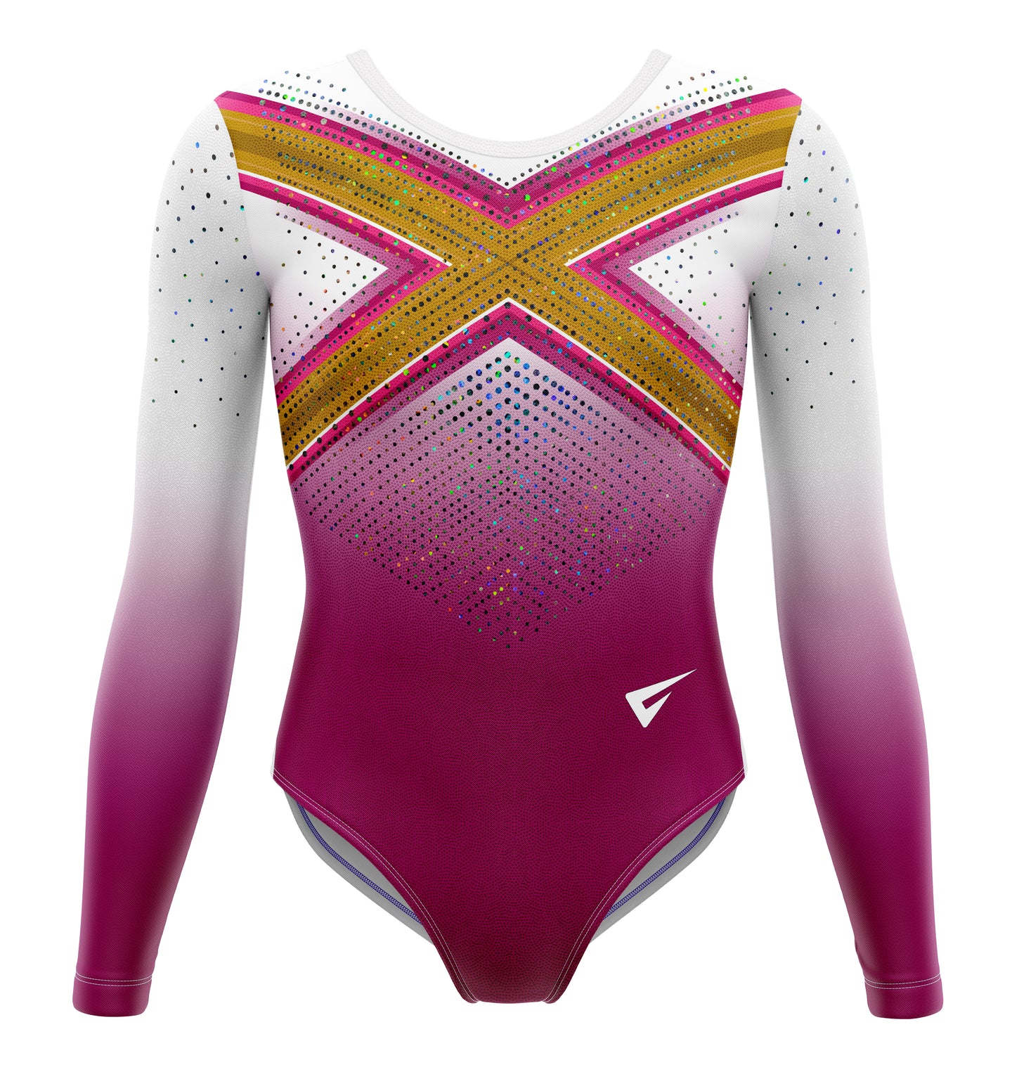 Gymnastics leotard with pink, purple, and gold design on a white background