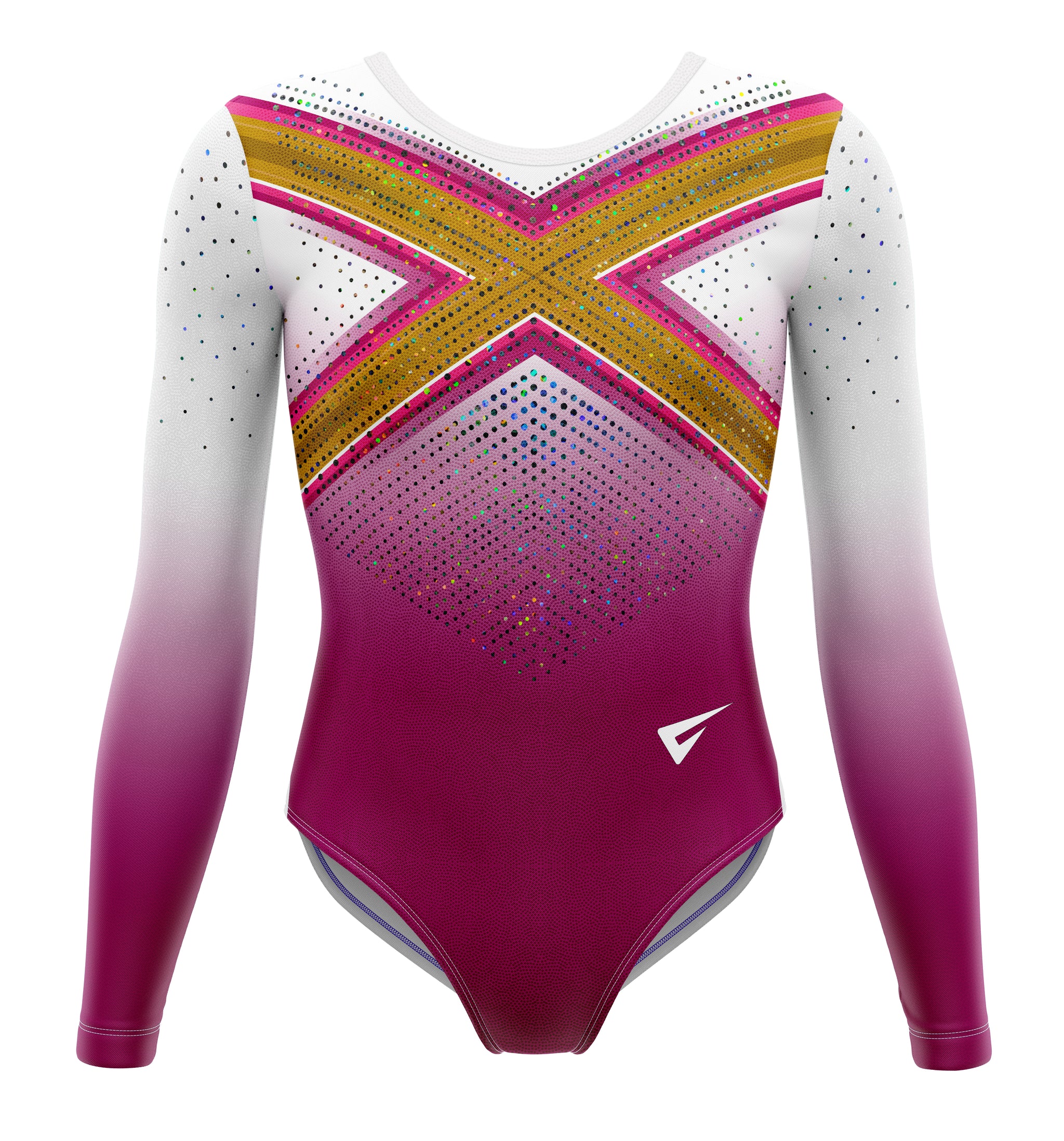 Gymnastics leotard with pink, purple, and gold design on a white background