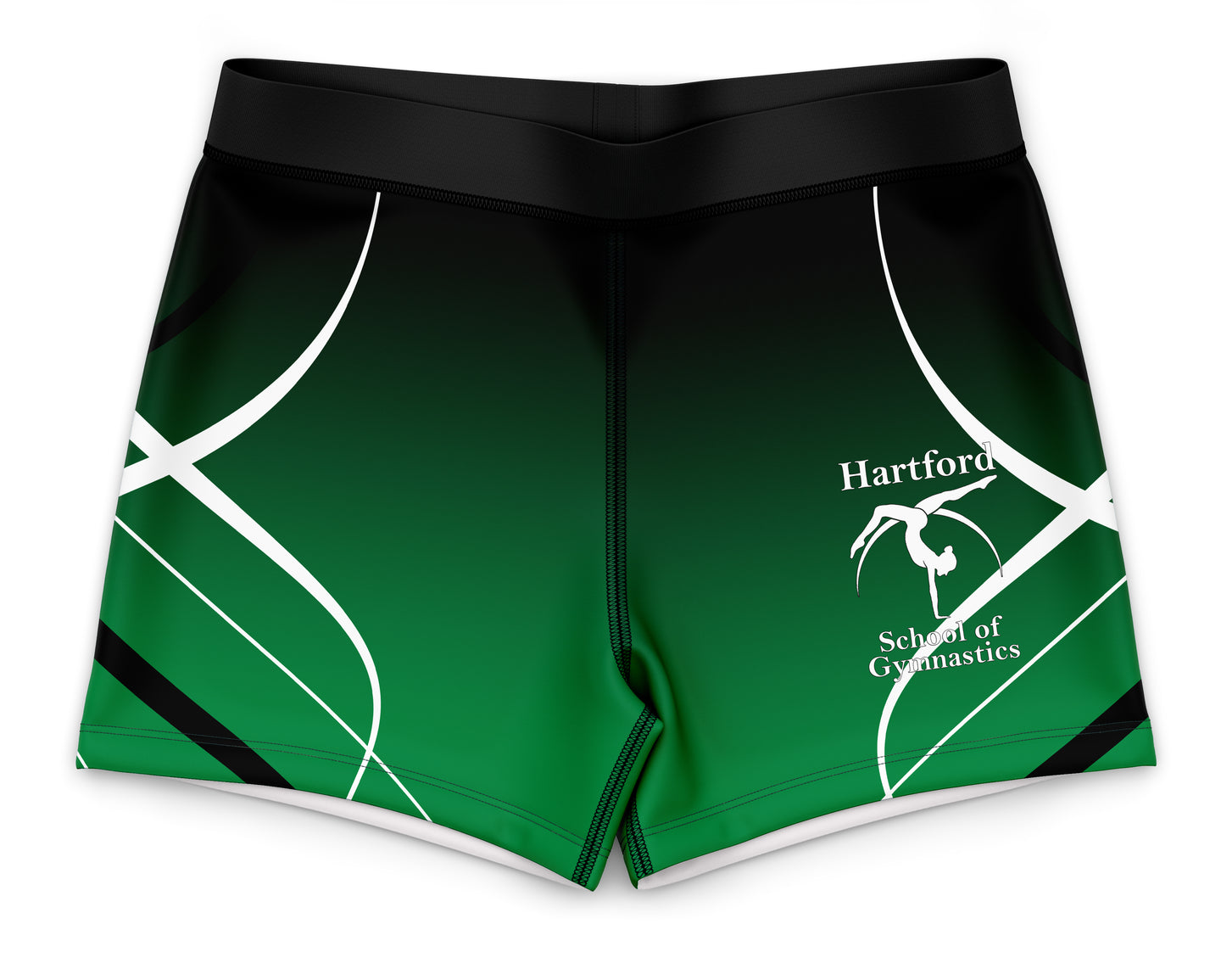 Green and black shorts with 'Hartford School of Gymnastics' logo on a white background