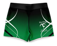 Green and black shorts with 'Hartford School of Gymnastics' logo on a white background