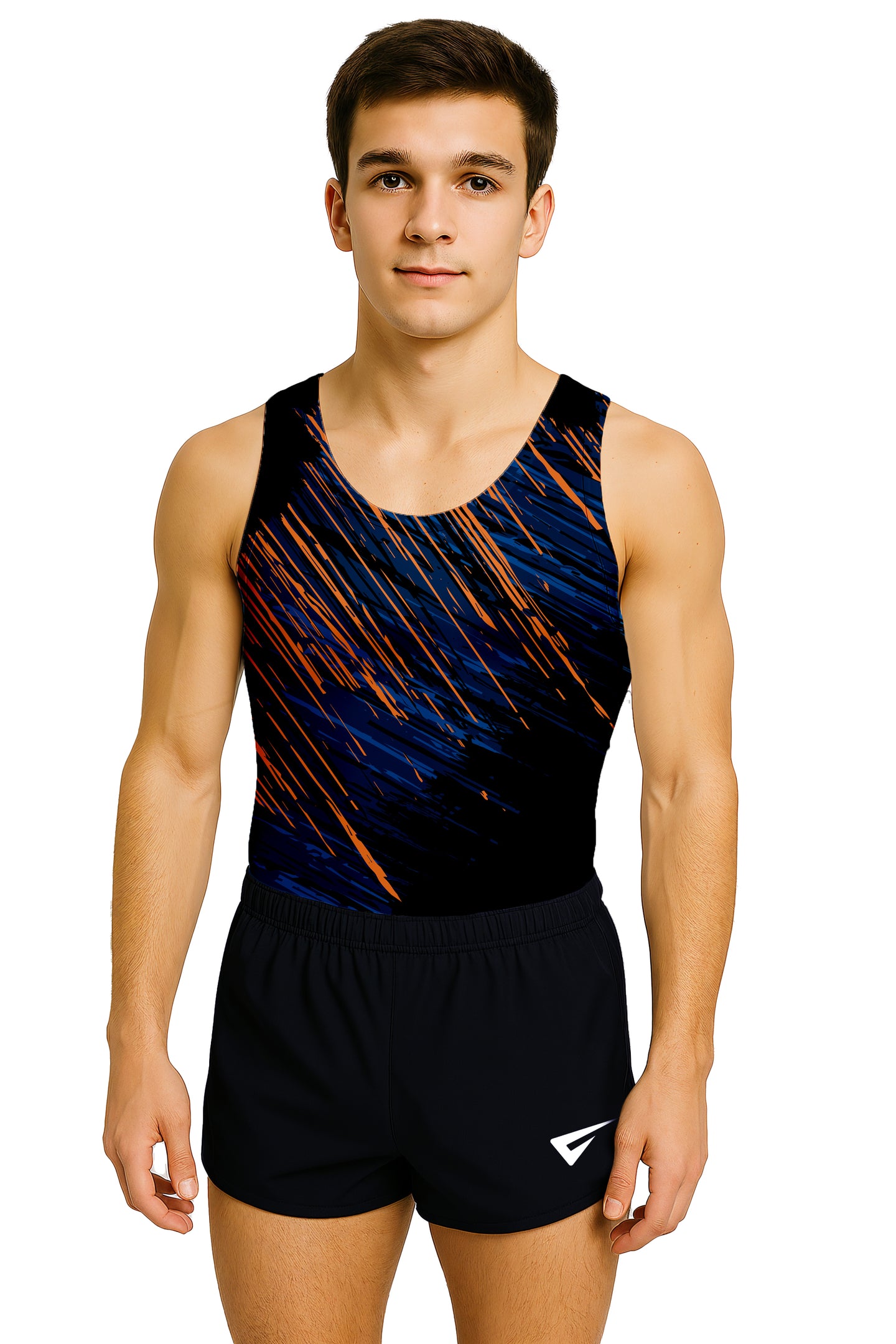 Person wearing a black and blue leotard with orange accents on a white background