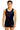 Person wearing a black and blue leotard with orange accents on a white background