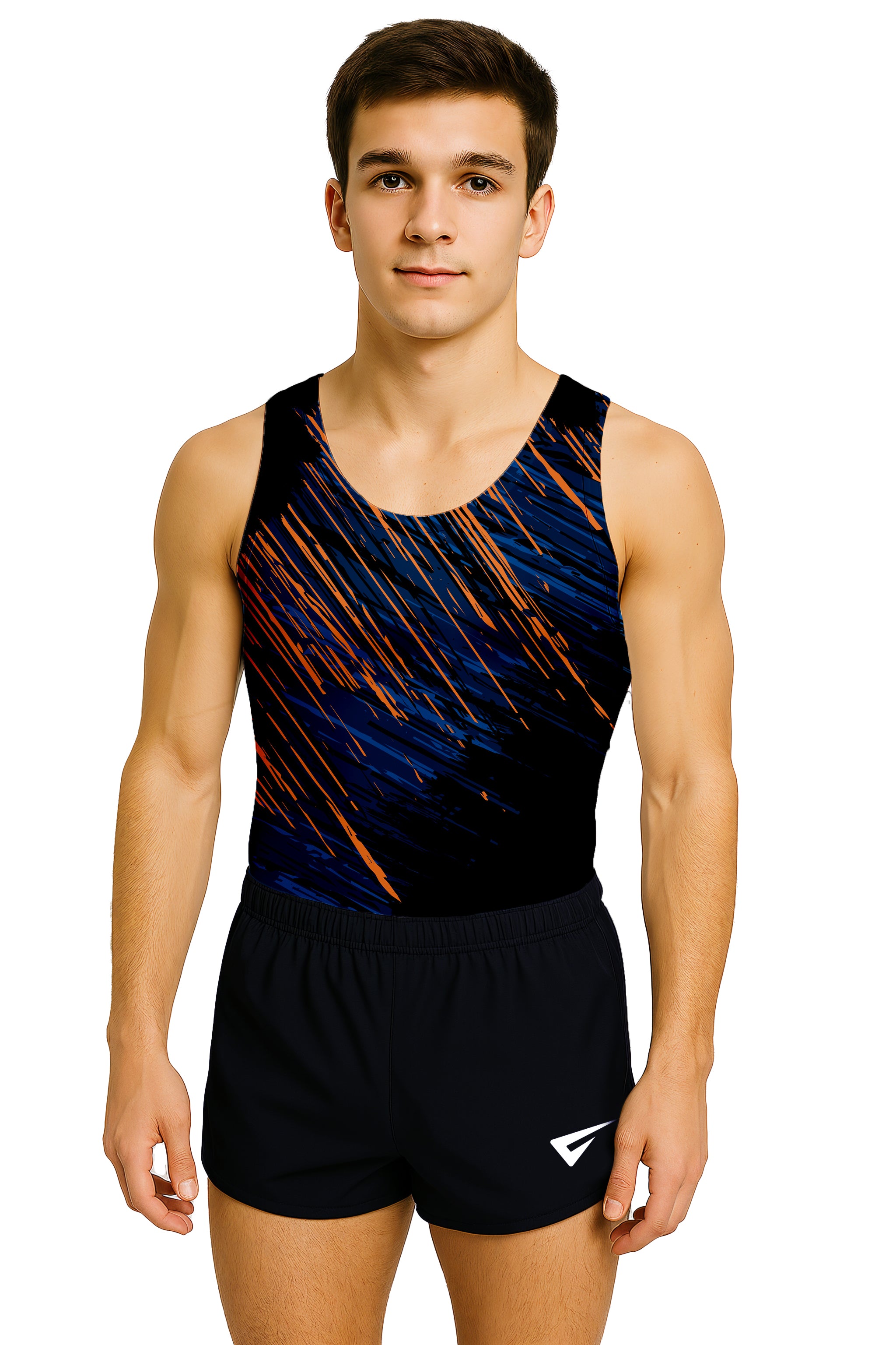 Person wearing a black and blue leotard with orange accents on a white background